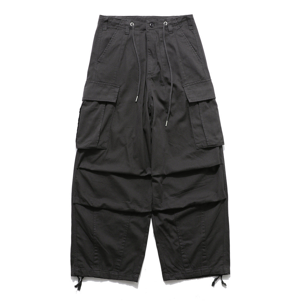 black cargo pants wide leg utility trousers multiple pockets streetwear cotton