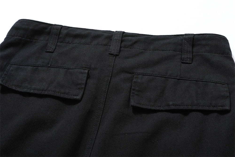 black cargo pants back pocket detail military style utility trousers cotton fabric