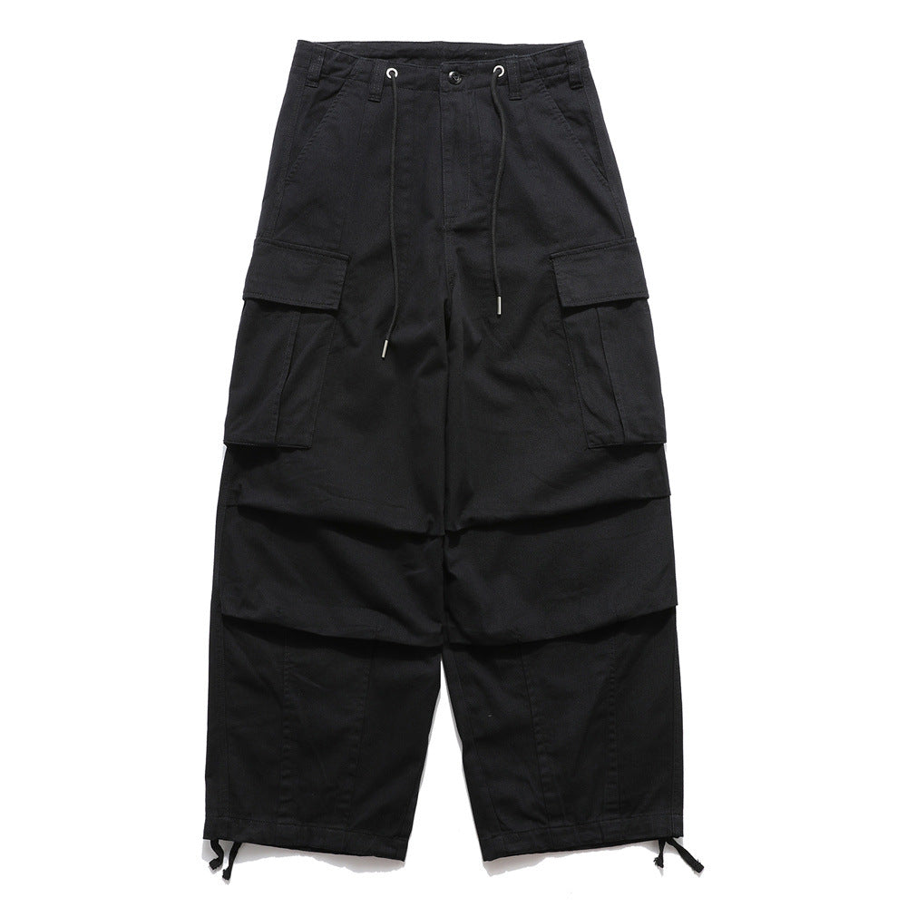 black cargo pants wide leg utility trousers multiple pockets streetwear cotton
