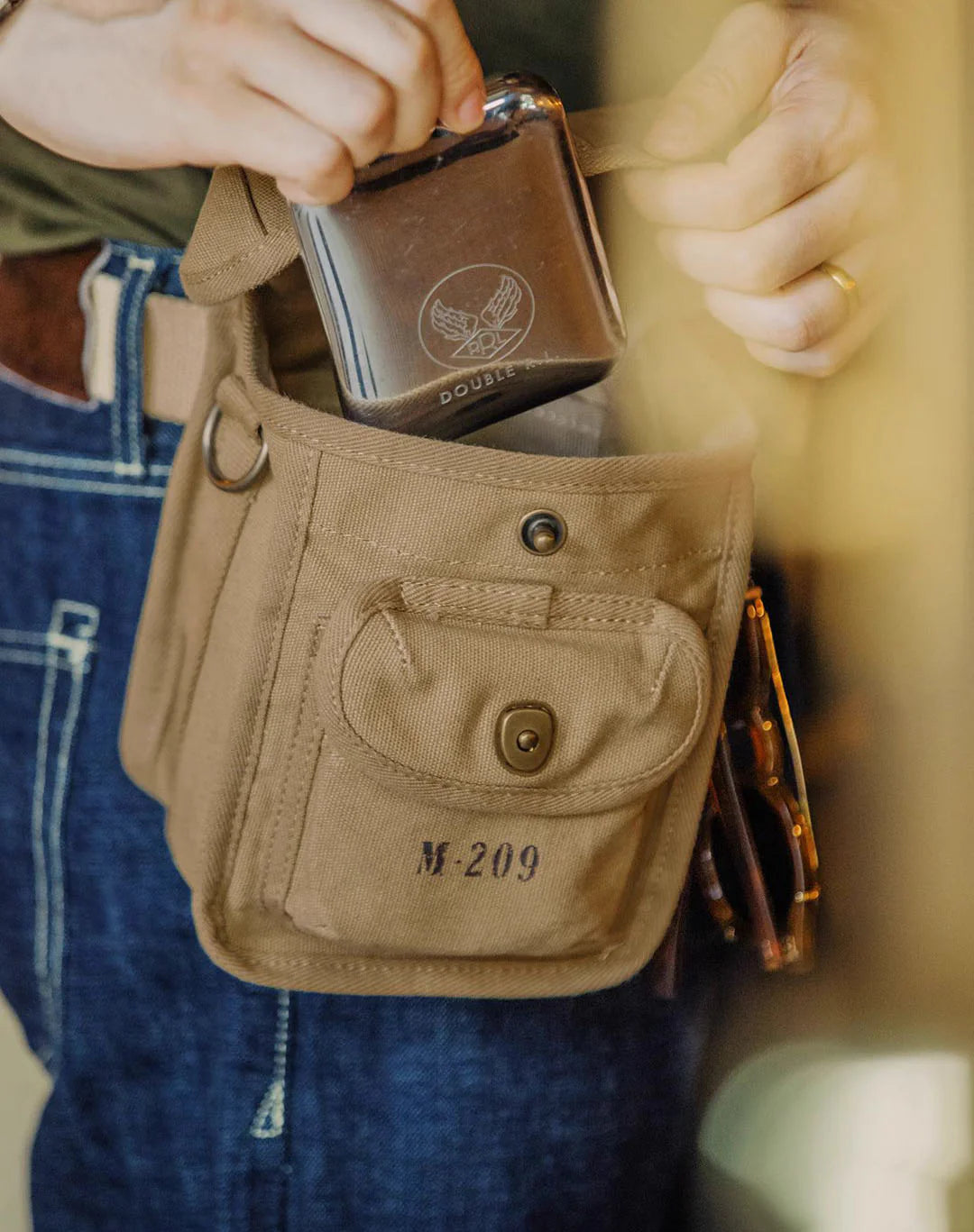 military canvas crossbody bag with pockets inspired by WWII M-209 everyday carry bag