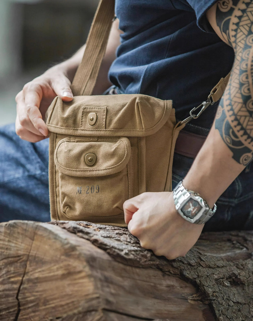 military canvas crossbody bag inspired by WWII M-209 field gear everyday carry