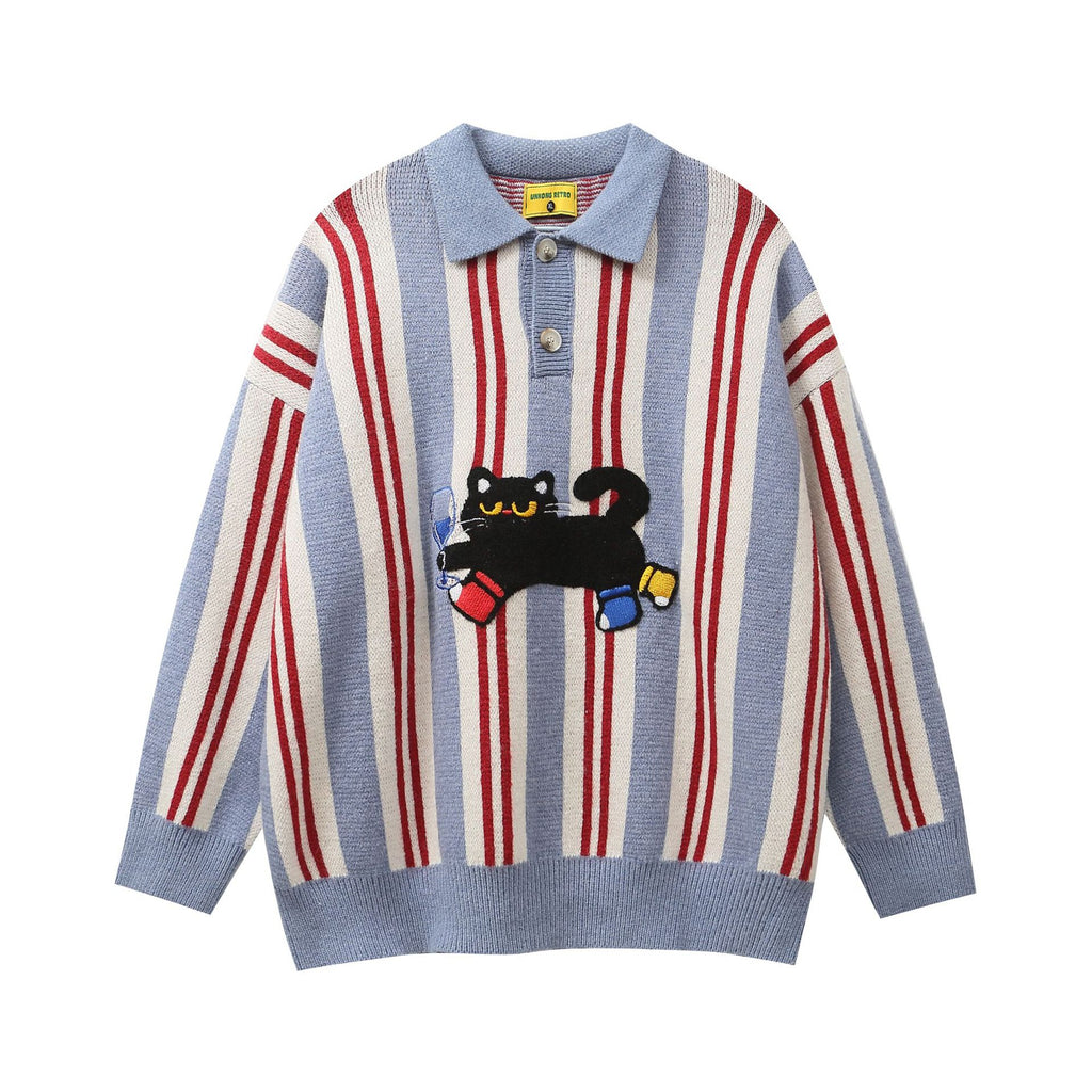 Retro Cat Striped Pullover Sweater