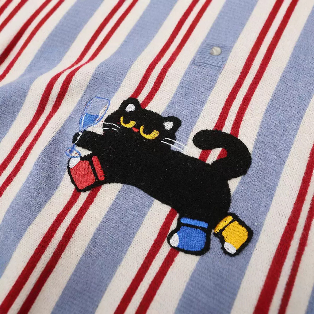 Retro Cat Striped Pullover Sweater